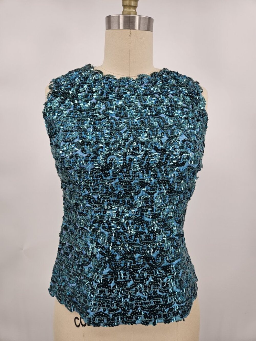 VTG Handmade Sequin Sleeveless Top Teal Blue Womens M? Sleeveless Zip Back